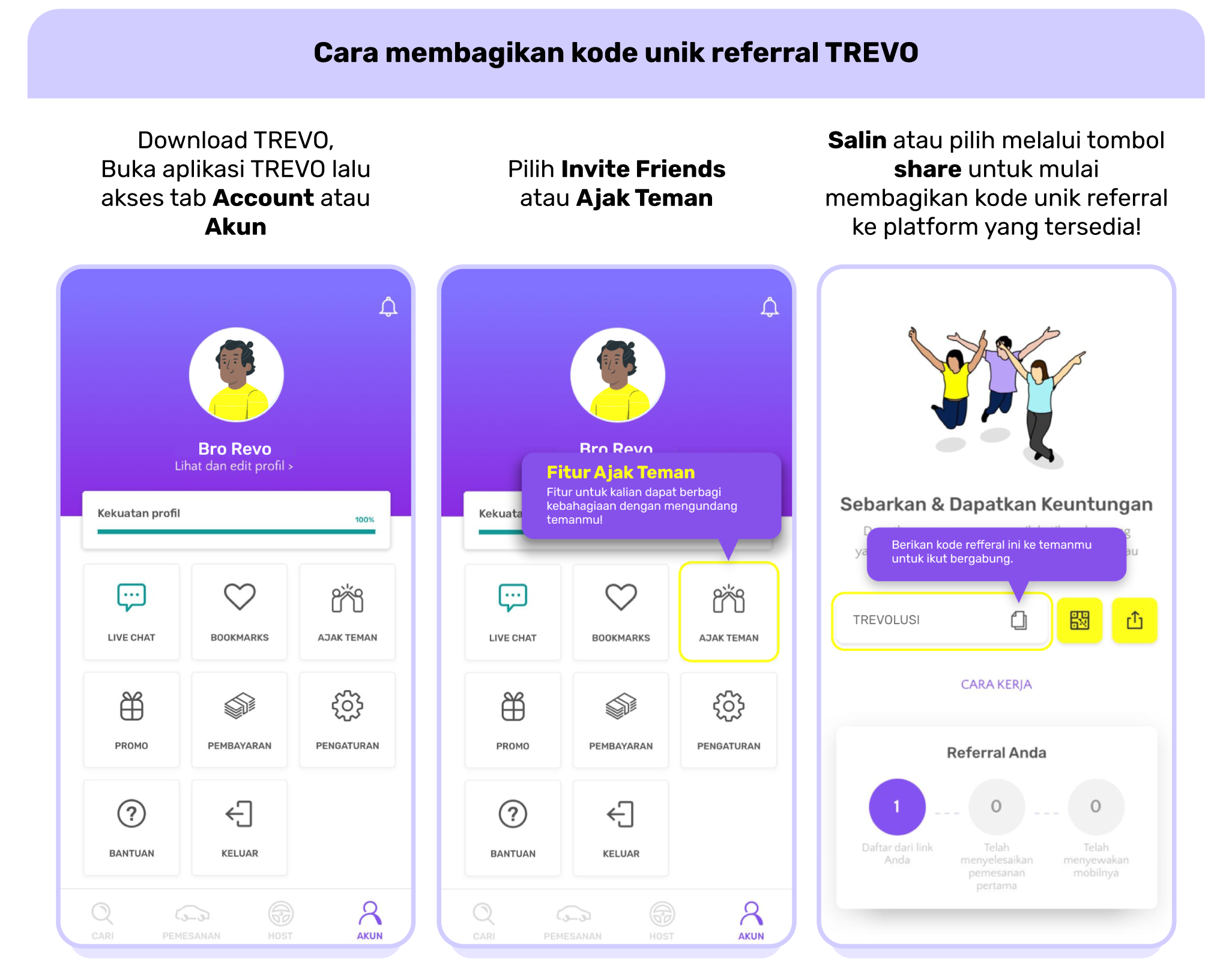 Cara membagikan kode unik referral TREVO